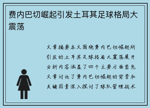 费内巴切崛起引发土耳其足球格局大震荡 费内巴切崛起引发土耳其足球格局大震荡