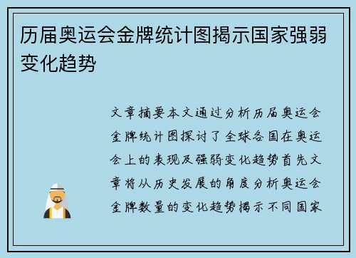 历届奥运会金牌统计图揭示国家强弱变化趋势 历届奥运会金牌统计图揭示国家强弱变化趋势