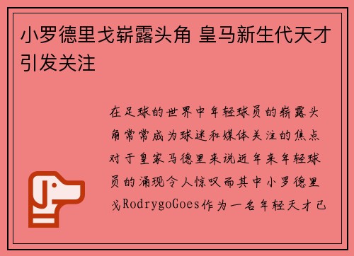 小罗德里戈崭露头角 皇马新生代天才引发关注 小罗德里戈崭露头角 皇马新生代天才引发关注